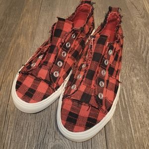 Corkys black and red plaid slip on shoes 7